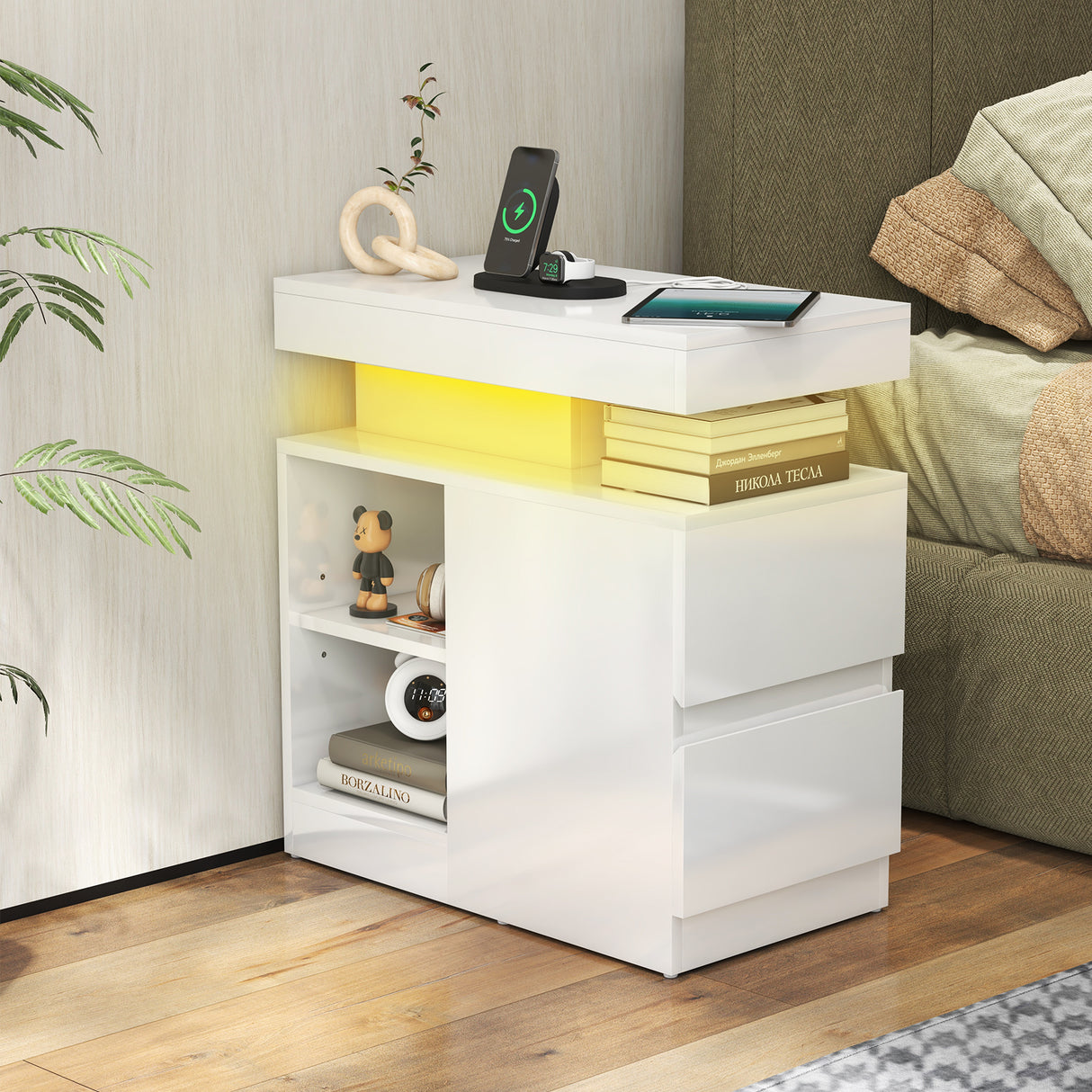 JOIVI LED Nightstand with Charging Station, 2-Drawers High Gloss Bedside Table, Modern End Side Table with LED Lights