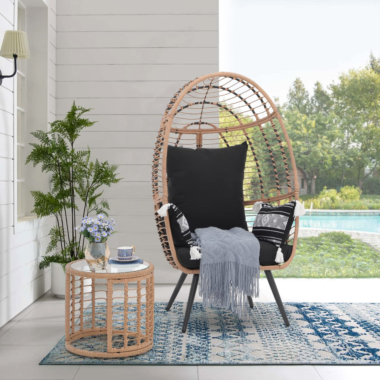 JOIVI Wicker Egg Chair, Outdoor Indoor Oversized Stationary Egg Chair with Stand and Cushions, Large Egg Basket Chair