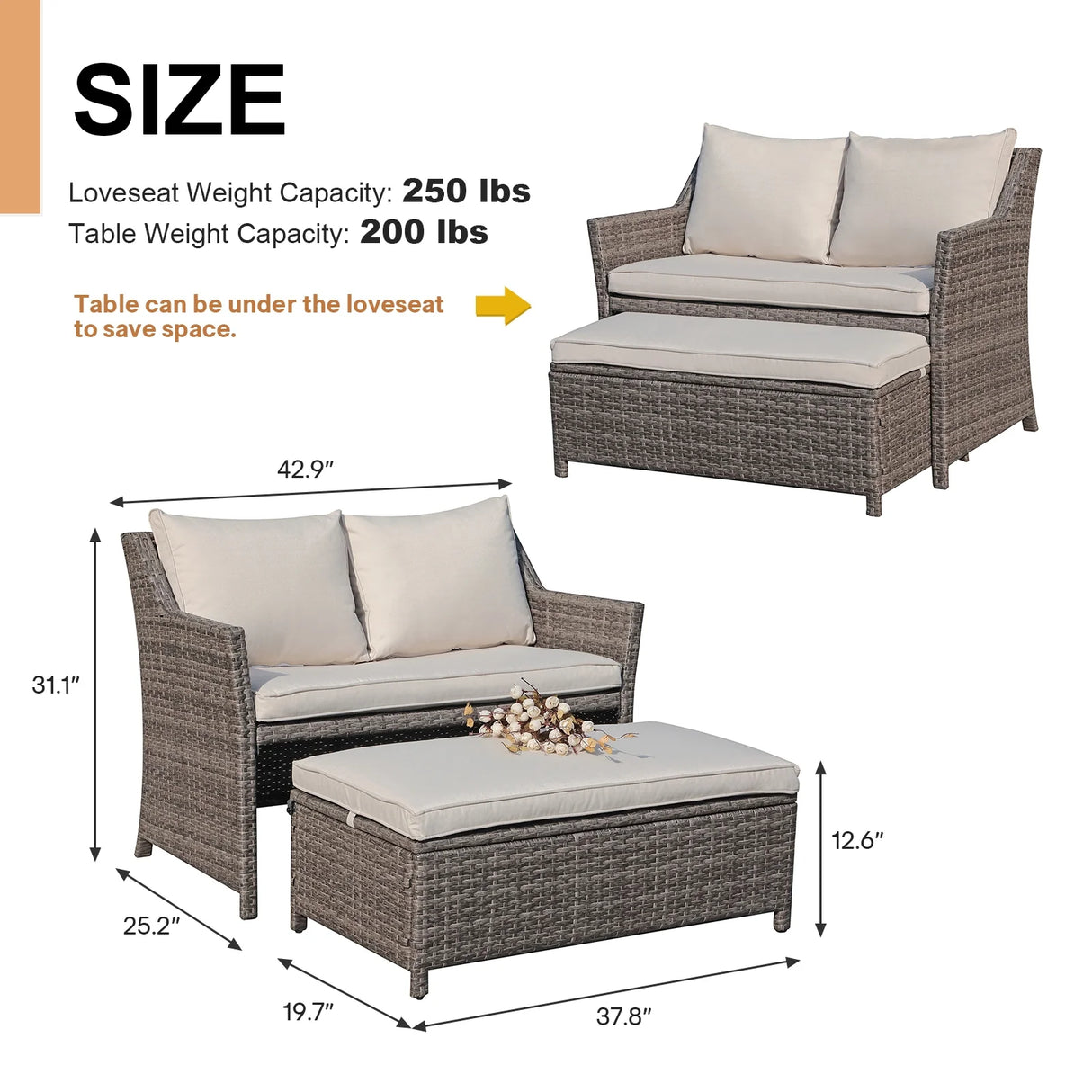 Outdoor Wicker Love Seat and Coffee Table Set, Weather Resistant Rattan, Patio Furniture with Cushions & Storage Bin