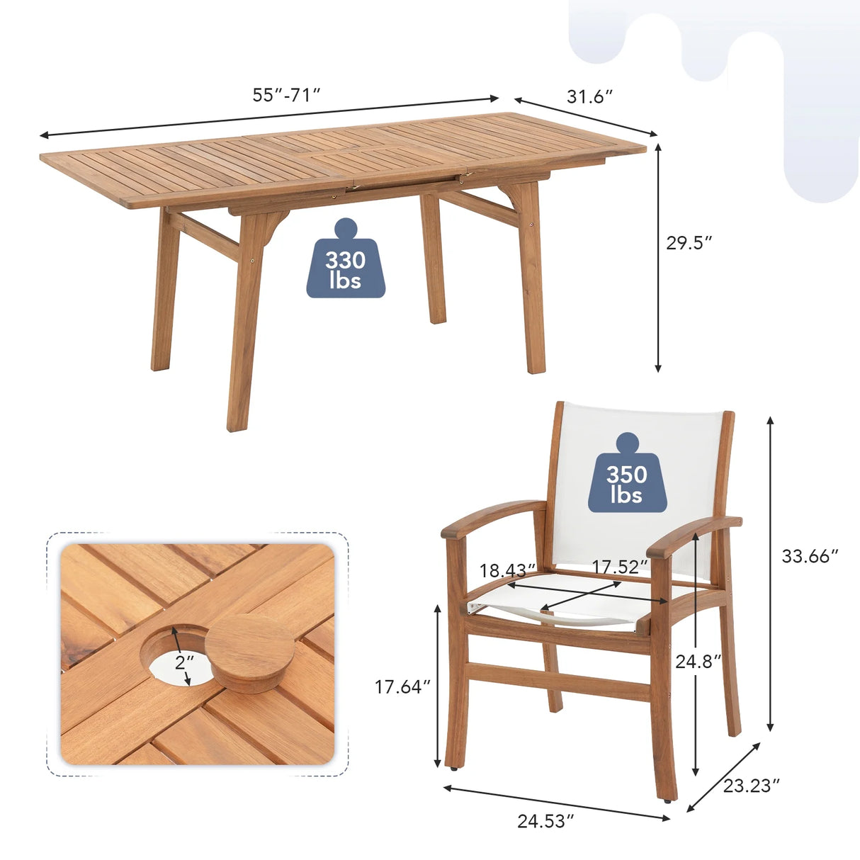Expandable Wooden Outdoor Dining Set of 7, with Textilene Fabric Chairs, 4-8 Seater Patio Furniture, Adjustable Feet, Wood Table with Umbrella Hole