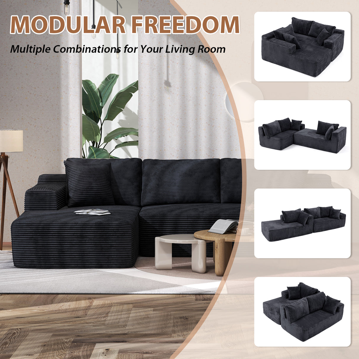 JOIVI Indoor Modular Sectional Sofa, 106" Corduroy Cloud Couch L Shaped Sofas with Deep Seat, Comfy Fluffy Plush Couches, No Assembly Required, Left Chaise