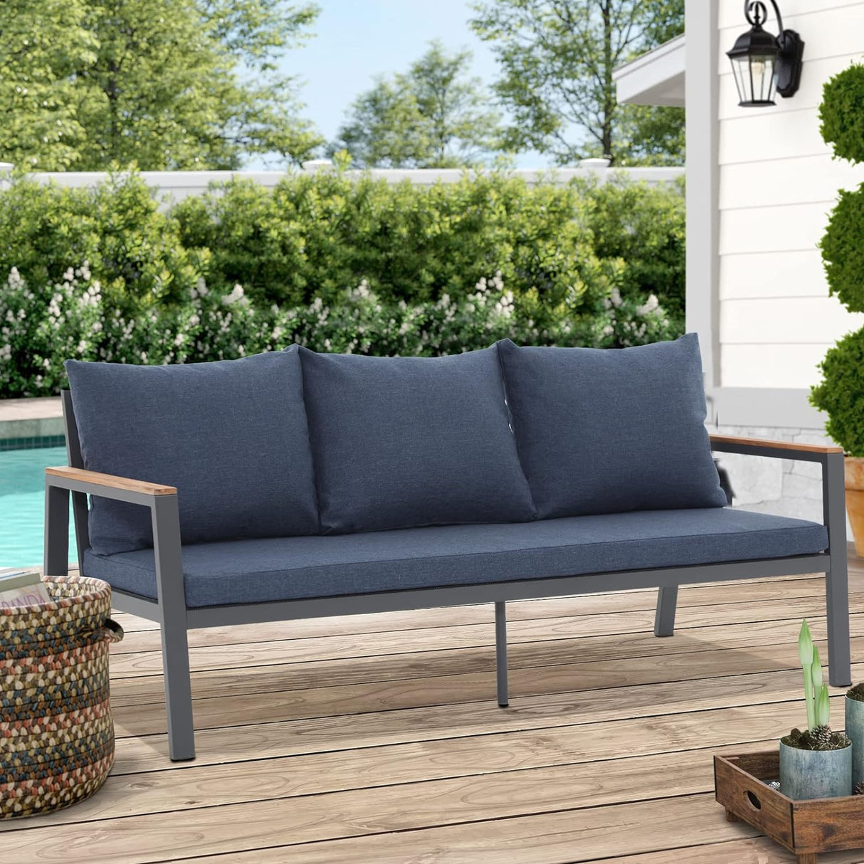 3-seat Aluminum Outdoor Sofa with Teak Arms