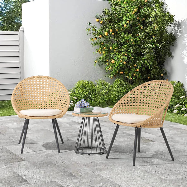 3 Piece Patio Bistro Set, All-weather PE Wicker Patio Chairs Set with Coffe Table, Outdoor Table and Chairs Set with Cushions for Balcony, Backyard, Front Porch, Poolside, Garden, Beige