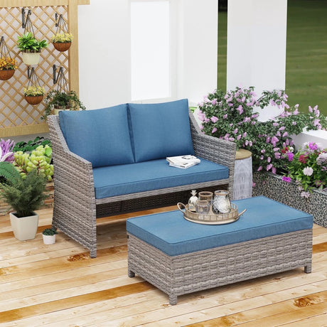 Outdoor Wicker Love Seat and Coffee Table Set, Weather Resistant Rattan, Patio Furniture with Cushions & Storage Bin