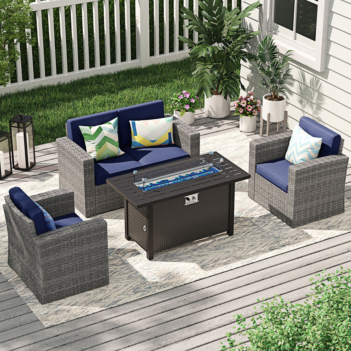 JOIVI 4 Pieces Patio Furniture with Fire Pit Table, PE Wicker Rattan Outdoor Sectional with Propane Fire Pit Table, Patio Conversation Set with ETL Certified Gas Fire Pit Table