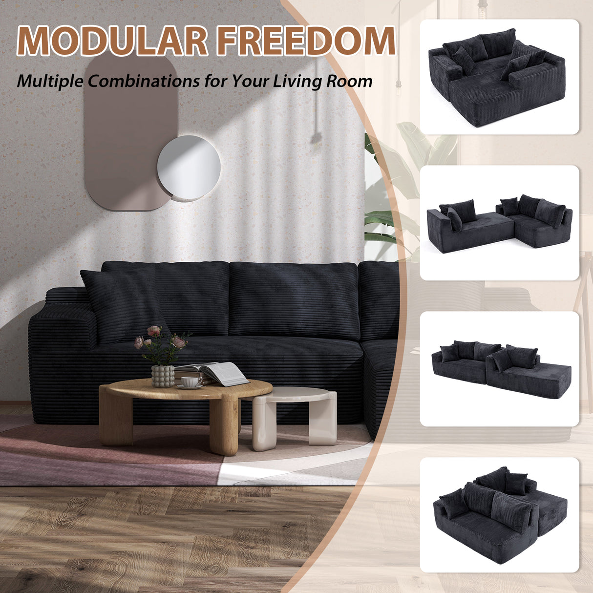 JOIVI Indoor Modular Sectional Sofa, 106" Corduroy Cloud Couch L Shaped Sofas with Deep Seat, Comfy Fluffy Plush Couches, No Assembly Required, Right Chaise