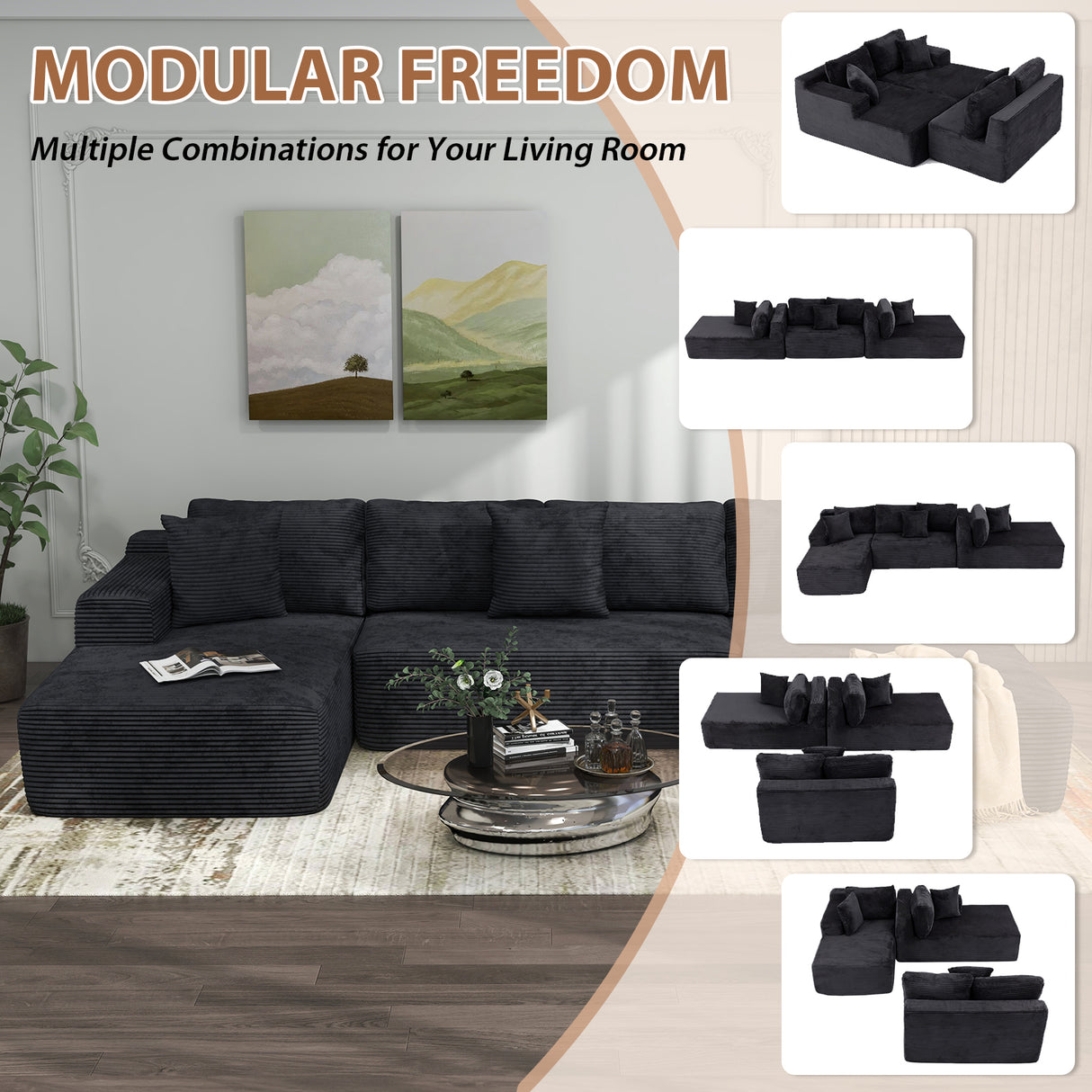 JOIVI Indoor Modular Sectional Sofa, 132'' Corduroy Cloud Couch with Double Chaise, U Shaped Sofas with Deep Seat, Comfy Fluffy Plush Couches, No Assembly Required