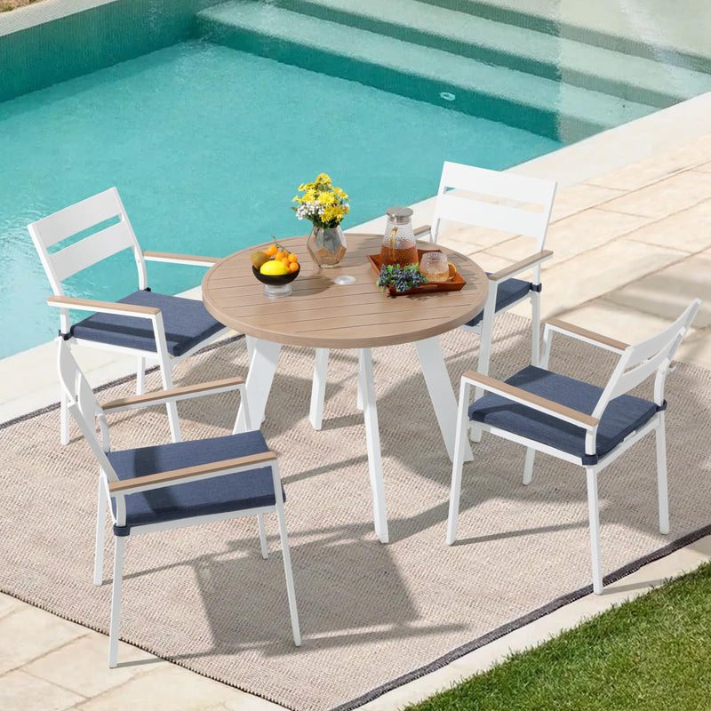 JOIVI Aluminum Patio Furniture Set, 5 Piece Outdoor Conversation Set with Wood Grain Top Dining Table, Stackable Chairs for 4 People, w/2.05” Umbrella Hole, for Deck, Backyard