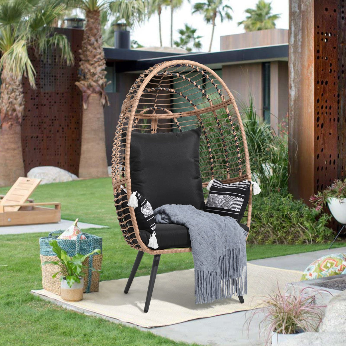 JOIVI Wicker Egg Chair, Outdoor Indoor Oversized Stationary Egg Chair with Stand and Cushions, Large Egg Basket Chair