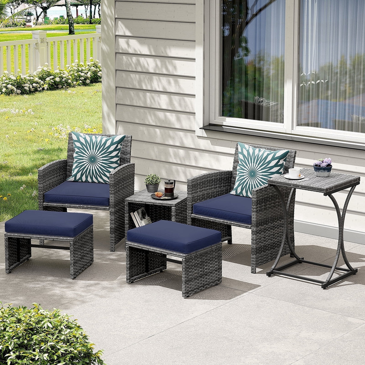 6 Piece Patio Furniture Conversation Set, with Ottoman, Outdoor Grey Wicker Chair and Coffee Table Set