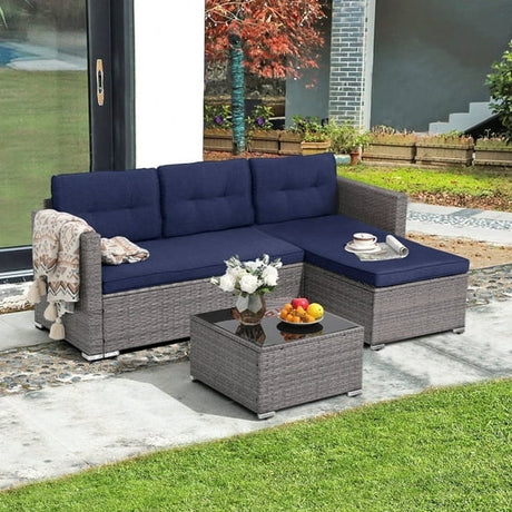 3 Pieces Patio Conversation Set, PE Wicker Rattan Outdoor Furniture Set, 2 Ways Small Sectional Sofa with Cushions, Tempered Glass Coffee Table
