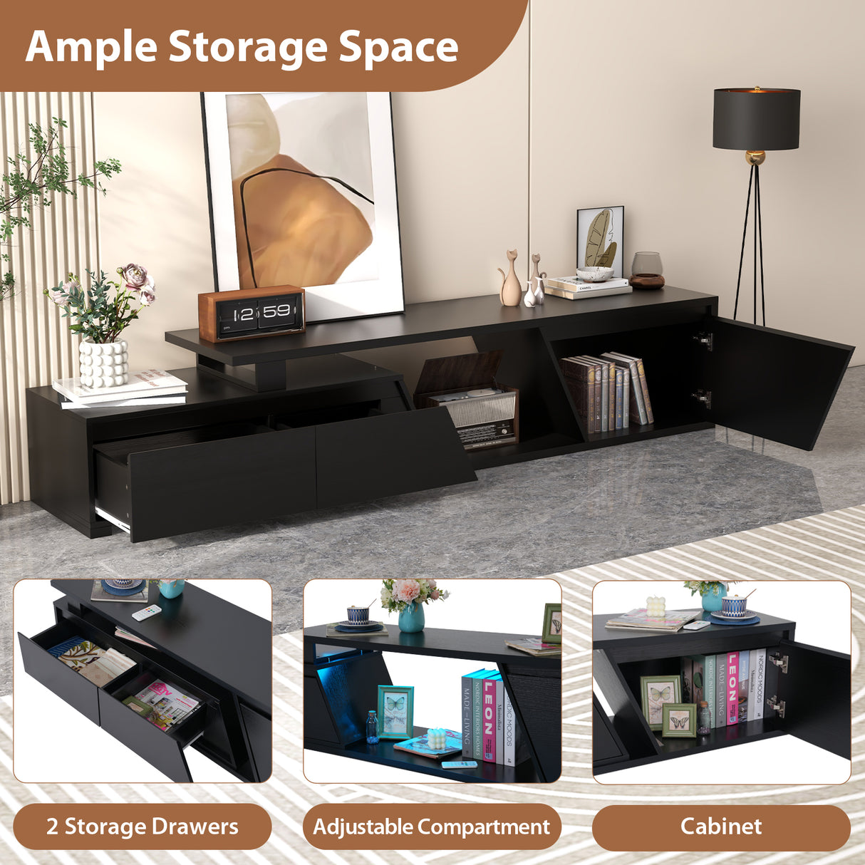 JOIVI Extendable LED TV Stand, Modern Entertainment Center with 2 Drawers, Sliding Tabletop Media Console with Storage Cabinet for Living Room