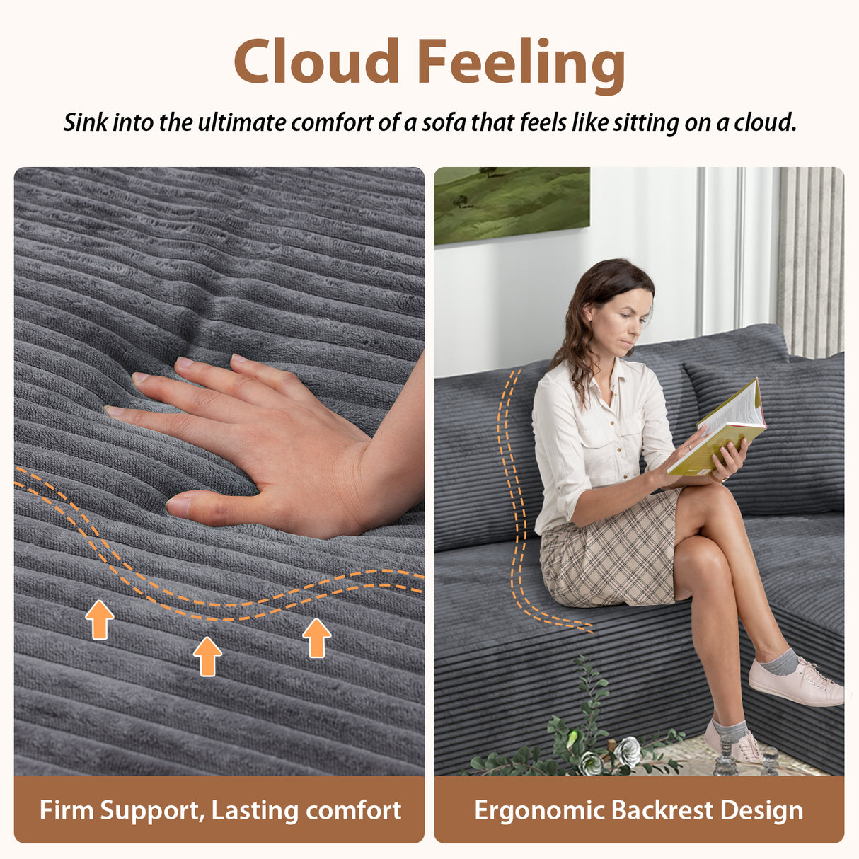 JOIVI Indoor Modular Sectional Sofa, 132'' Corduroy Cloud Couch with Double Chaise, U Shaped Sofas with Deep Seat, Comfy Fluffy Plush Couches, No Assembly Required