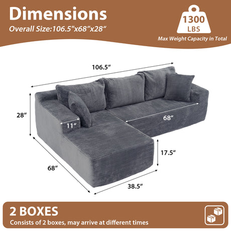 JOIVI Indoor Modular Sectional Sofa, 106" Corduroy Cloud Couch L Shaped Sofas with Deep Seat, Comfy Fluffy Plush Couches, No Assembly Required, Left Chaise