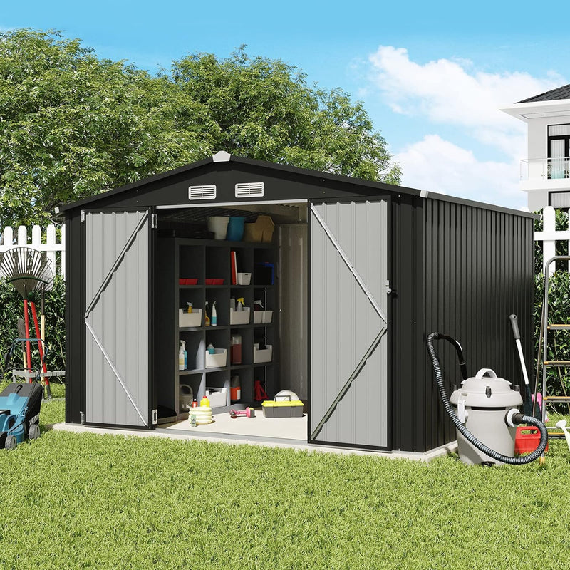 JOIVI Outdoor Storage Shed, 8'x10' Large Galvanized Steel Metal Garden Shed, Double Door W/Lock, Outdoor Storage House for Backyard Patio Lawn