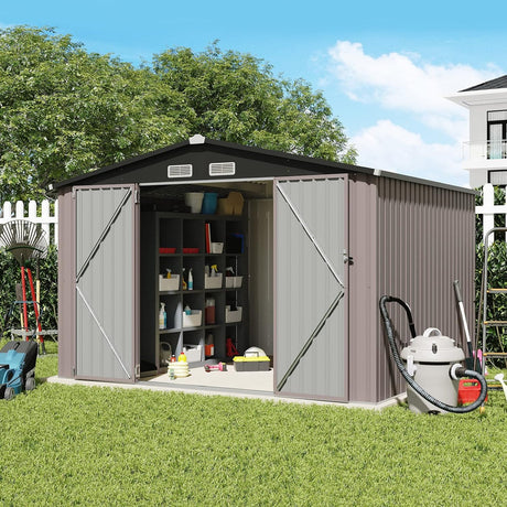 JOIVI Outdoor Storage Shed, 8'x10' Large Galvanized Steel Metal Garden Shed, Double Door W/Lock, Outdoor Storage House for Backyard Patio Lawn