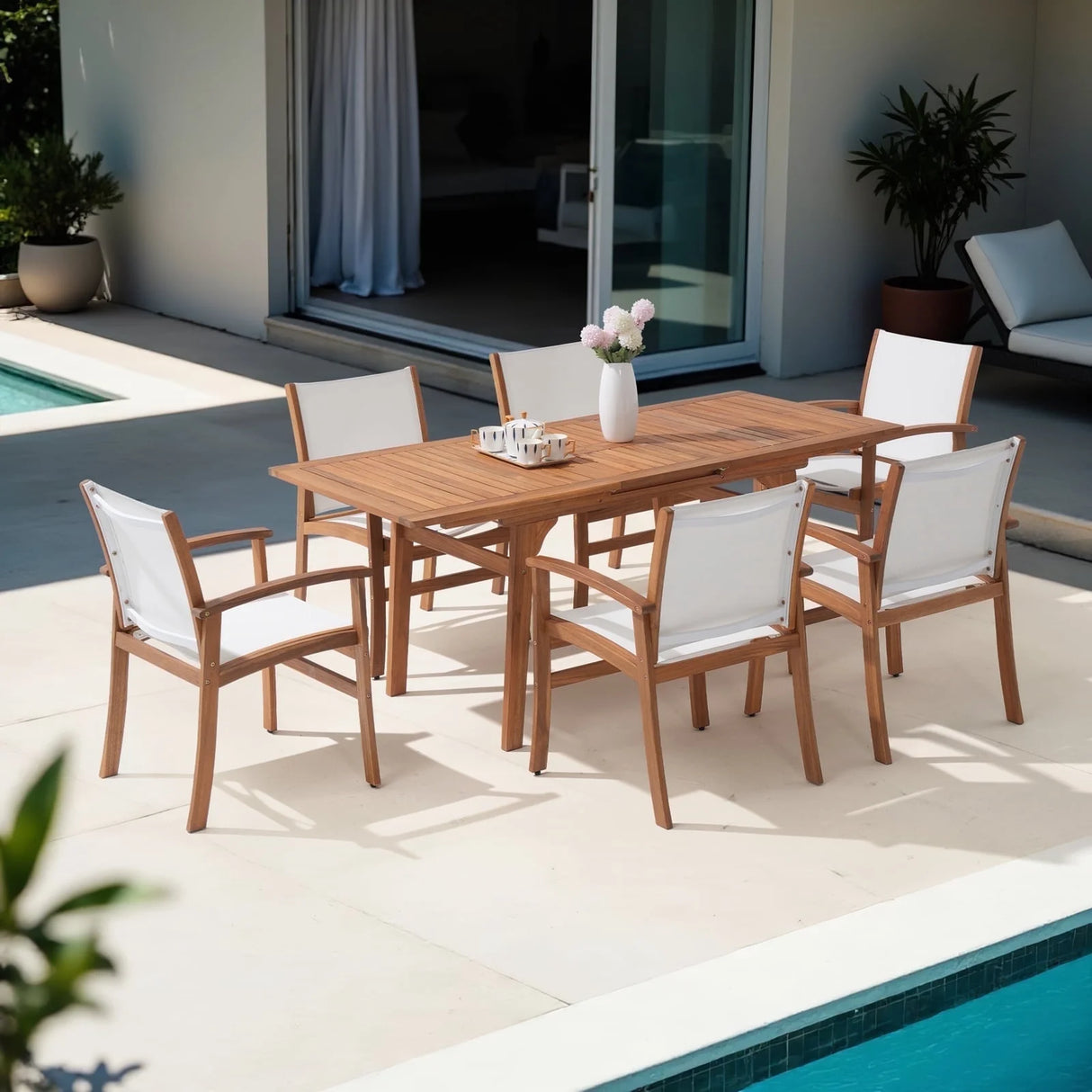 Expandable Wooden Outdoor Dining Set of 7, with Textilene Fabric Chairs, 4-8 Seater Patio Furniture, Adjustable Feet, Wood Table with Umbrella Hole