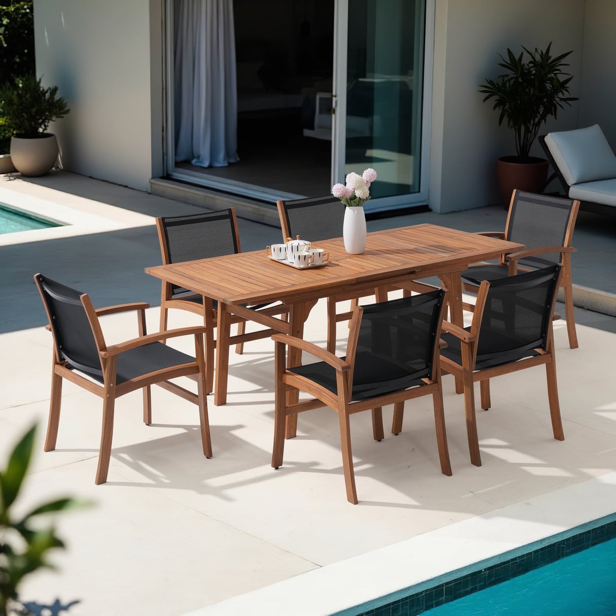 Expandable Wooden Outdoor Dining Set of 7, with Textilene Fabric Chairs, 4-8 Seater Patio Furniture, Adjustable Feet, Wood Table with Umbrella Hole