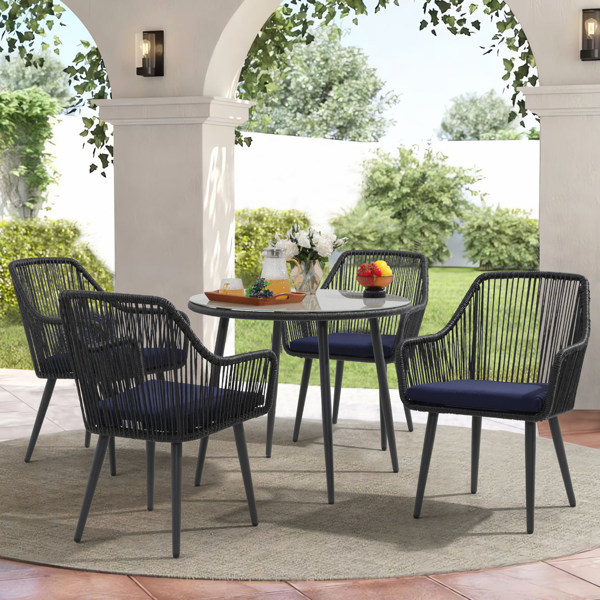 JOIVI 5-Piece Outdoor Dining Set, Wicker Patio Dining Set, Black Rattan Patio Furniture Table and Chairs Set for 4 People, with Um