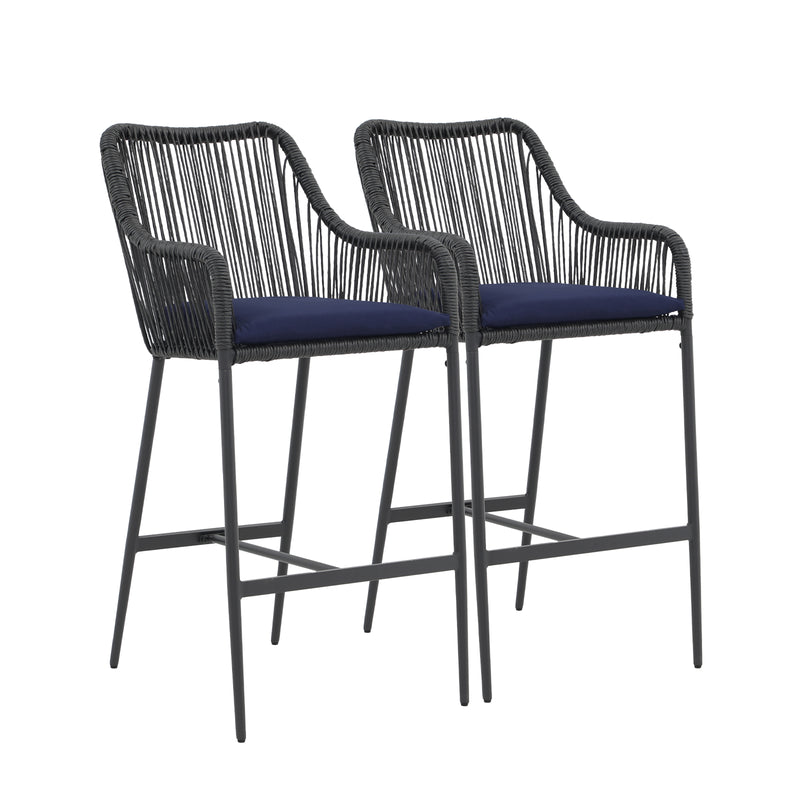 JOIVI Outdoor Wicker Bar Stools, 2 Piece Patio Bar Height Chairs with Cushions