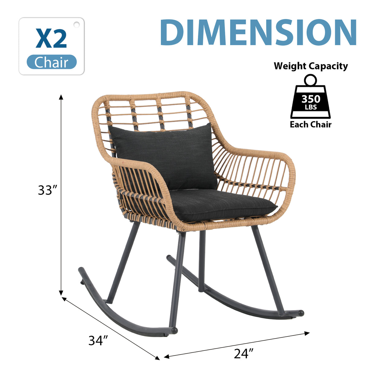 JOIVI Outdoor Rocking Chair, 2 Piece Patio Wicker Rocking Chairs with Pillows and Cushions