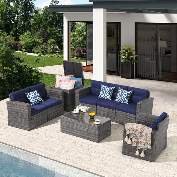 JOIVI Outdoor Furniture Set, 8 Piece Patio Wicker Sectional Patio Furniture with Storage Box, Tempered Glass Coffee Table and Three Blue Pillows, Navy Blue