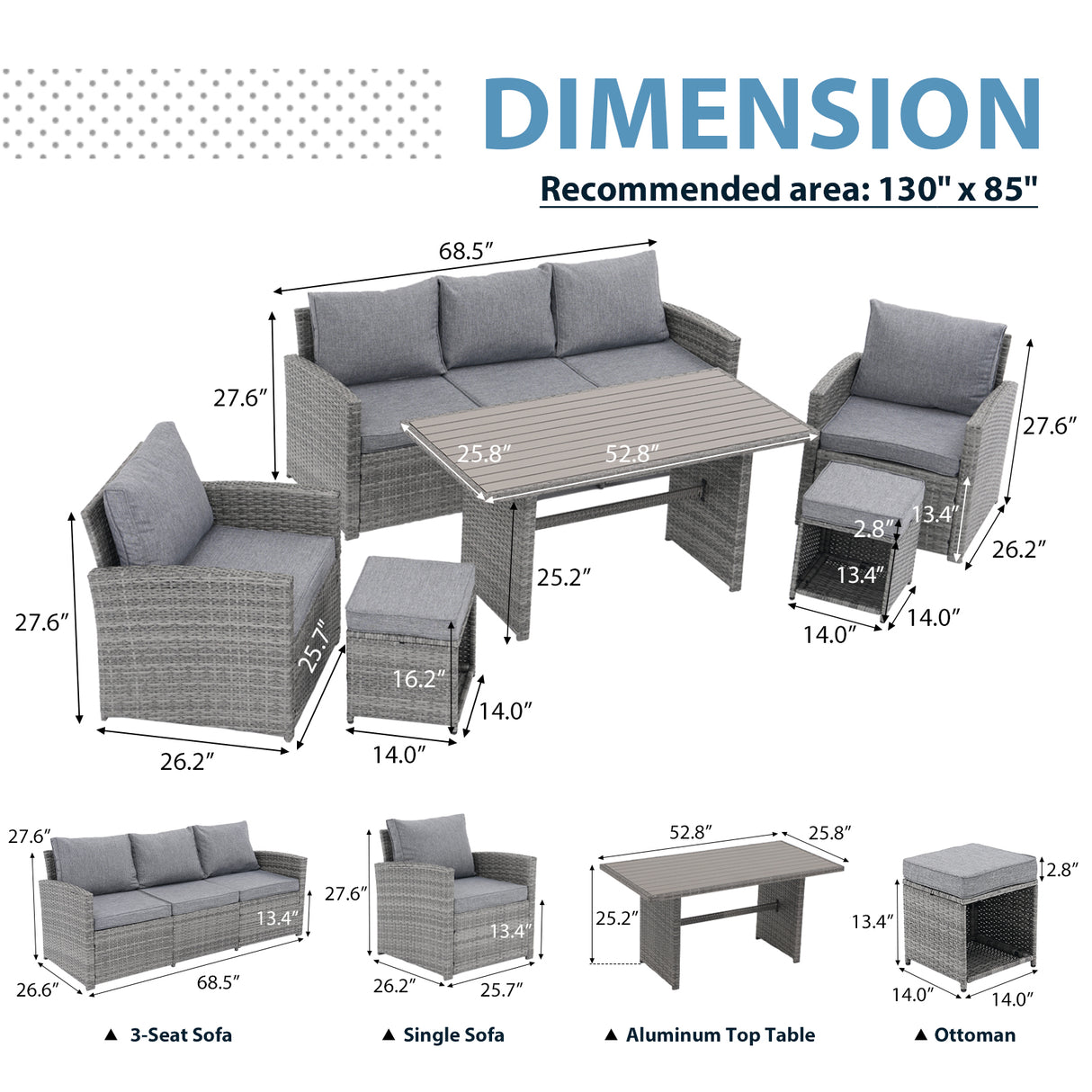 JOIVI 6 Piece Patio Furniture Set, Wicker Outdoor Sectional Sofa Set with Aluminum Top Dining Table, Rattan Dining Conversation Furniture Set with Ottomans