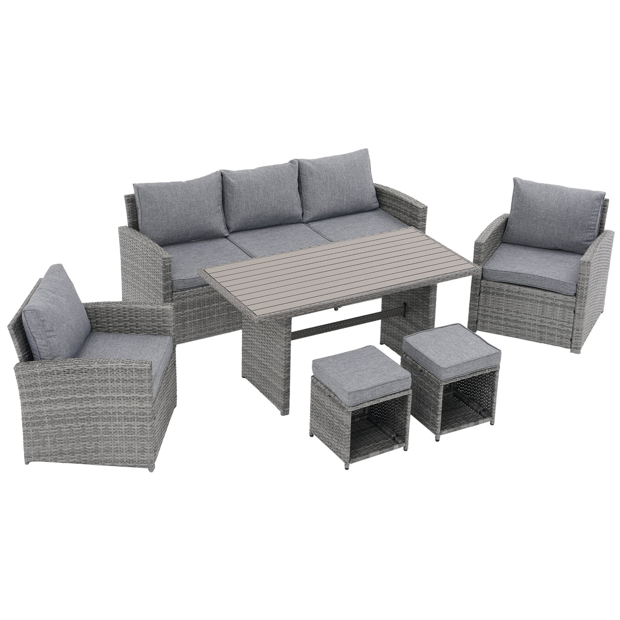 JOIVI 6 Piece Patio Furniture Set, Wicker Outdoor Sectional Sofa Set with Aluminum Top Dining Table, Rattan Dining Conversation Furniture Set with Ottomans