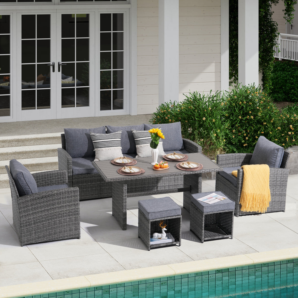 JOIVI 6 Piece Patio Furniture Set, Wicker Outdoor Sectional Sofa Set with Aluminum Top Dining Table, Rattan Dining Conversation Furniture Set with Ottomans