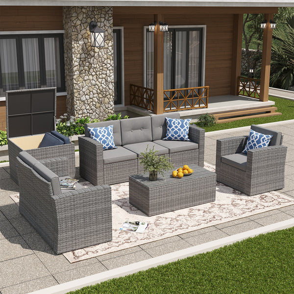 JOIVI Outdoor Furniture Set, 8 Piece Patio Wicker Sectional Patio Furniture with Storage Box, Gray