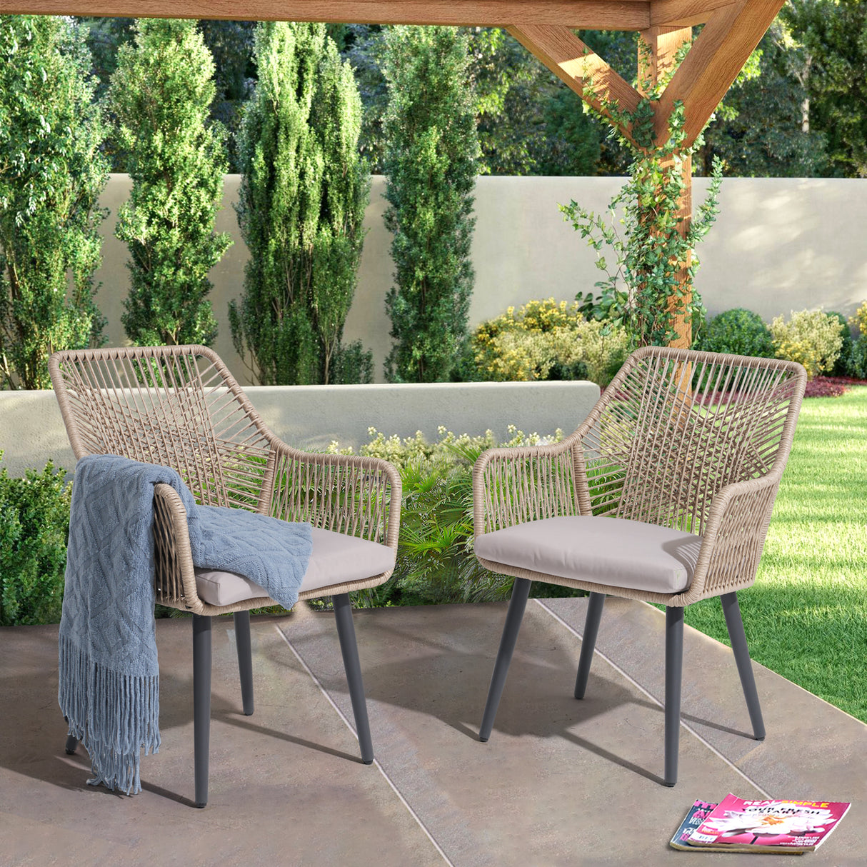 JOIVI Outdoor Dining Chairs Set of 2, Wicker Patio Chairs with Metal Frame, Rattan Indoor-Outdoor Chairs with Armrest and Seat Cushions