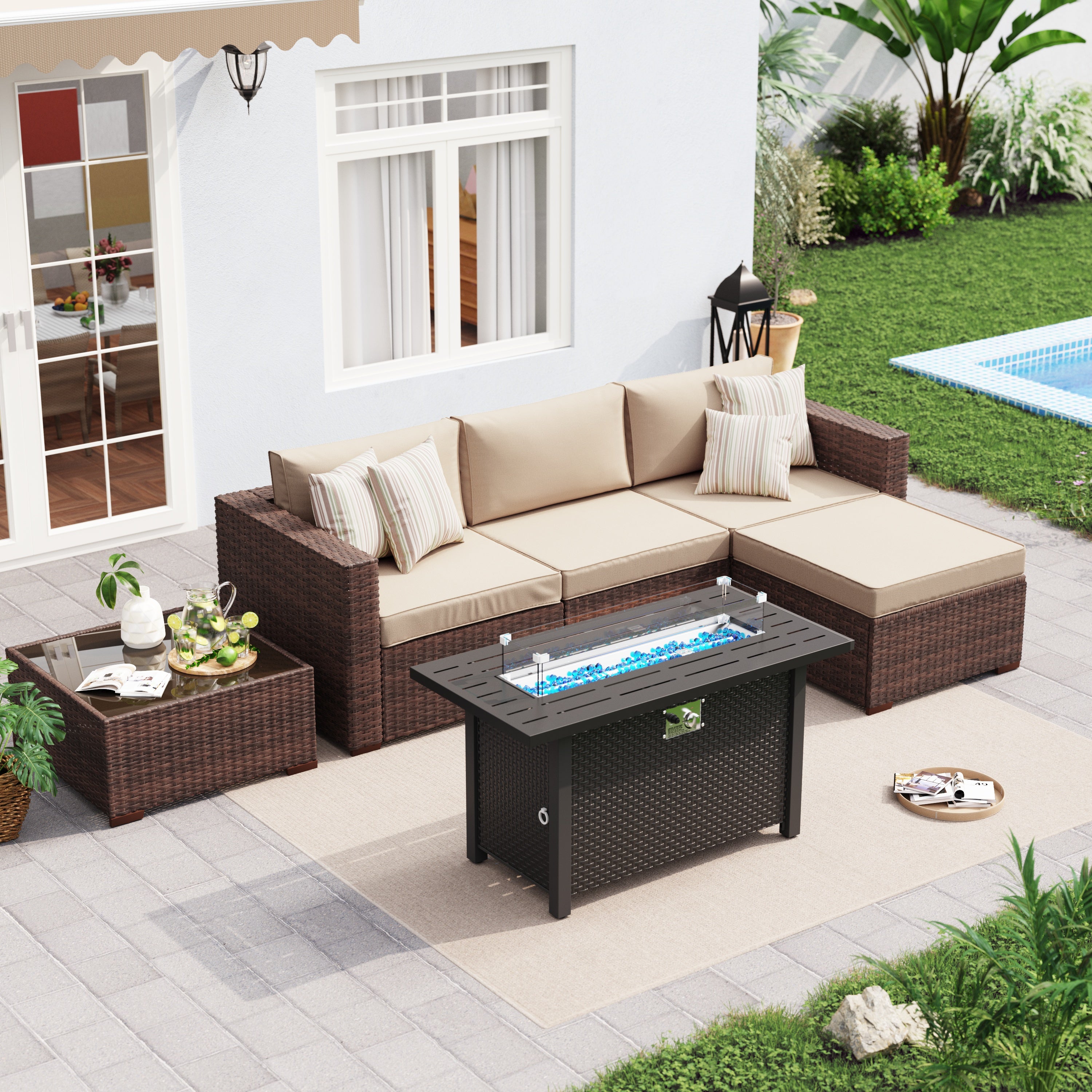 JOIVI 6 pc. Patio Furniture with Fire Pit Table Outdoor Sectional