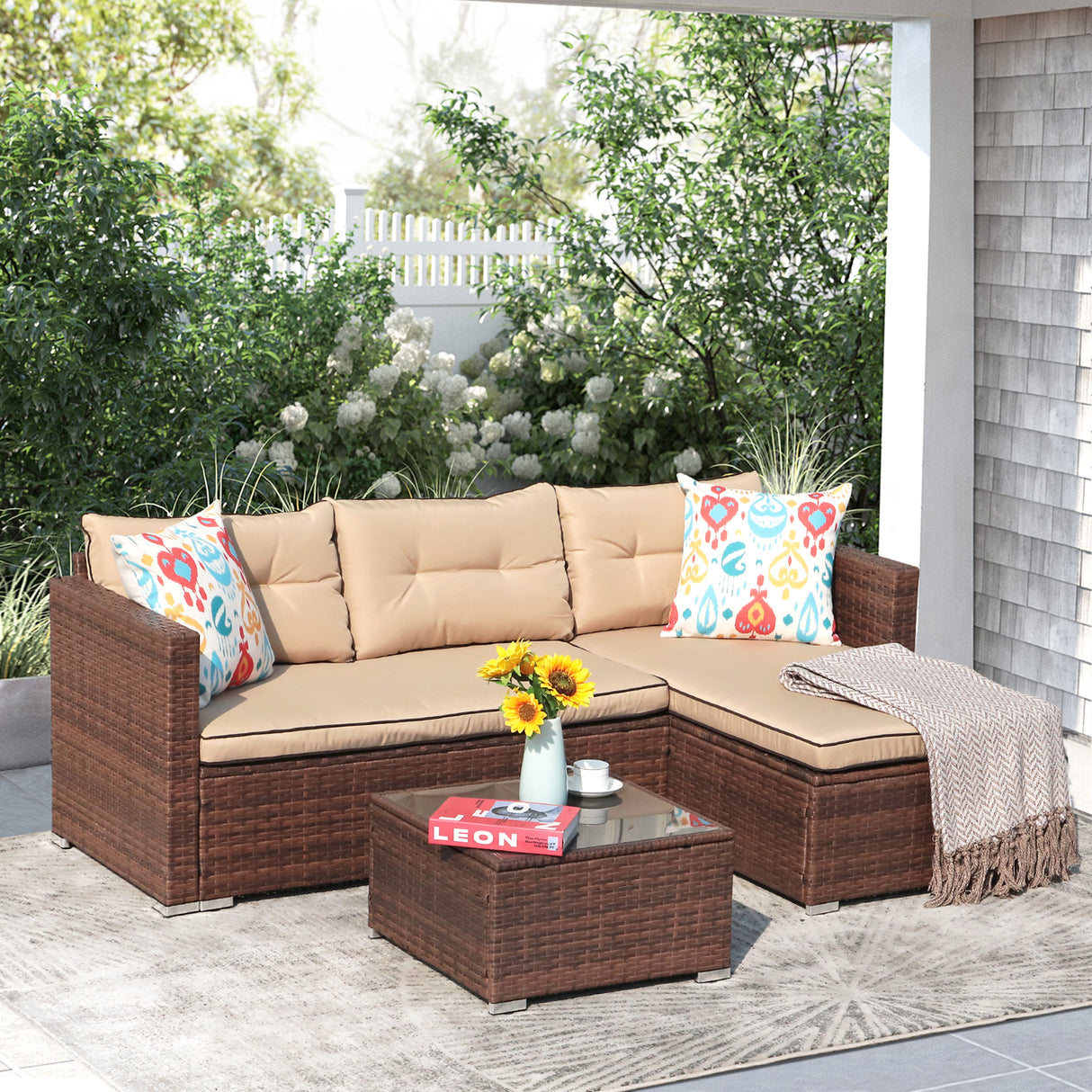 JOIVI 3 pcs Resin Rattan Patio Seating set