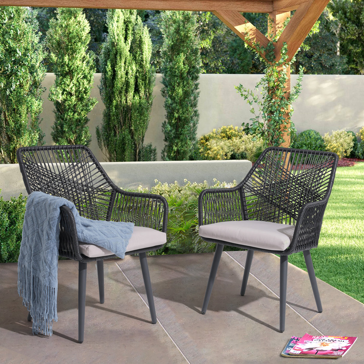 JOIVI Outdoor Dining Chairs Set of 2, Wicker Patio Chairs with Metal Frame, Rattan Indoor-Outdoor Chairs with Armrest and Seat Cushions