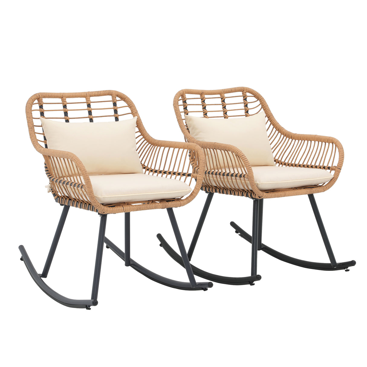 JOIVI Outdoor Rocking Chair, 2 Piece Patio Wicker Rocking Chairs with Pillows and Cushions