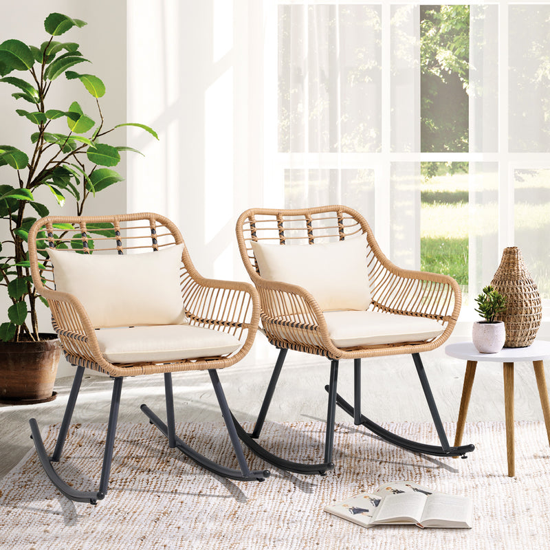 JOIVI Outdoor Rocking Chair, 2 Piece Patio Wicker Rocking Chairs with Pillows and Cushions