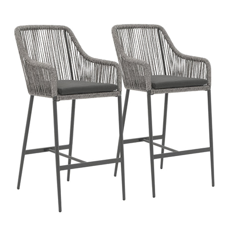 JOIVI Outdoor Wicker Bar Stools, 2 Piece Patio Bar Height Chairs with Cushions