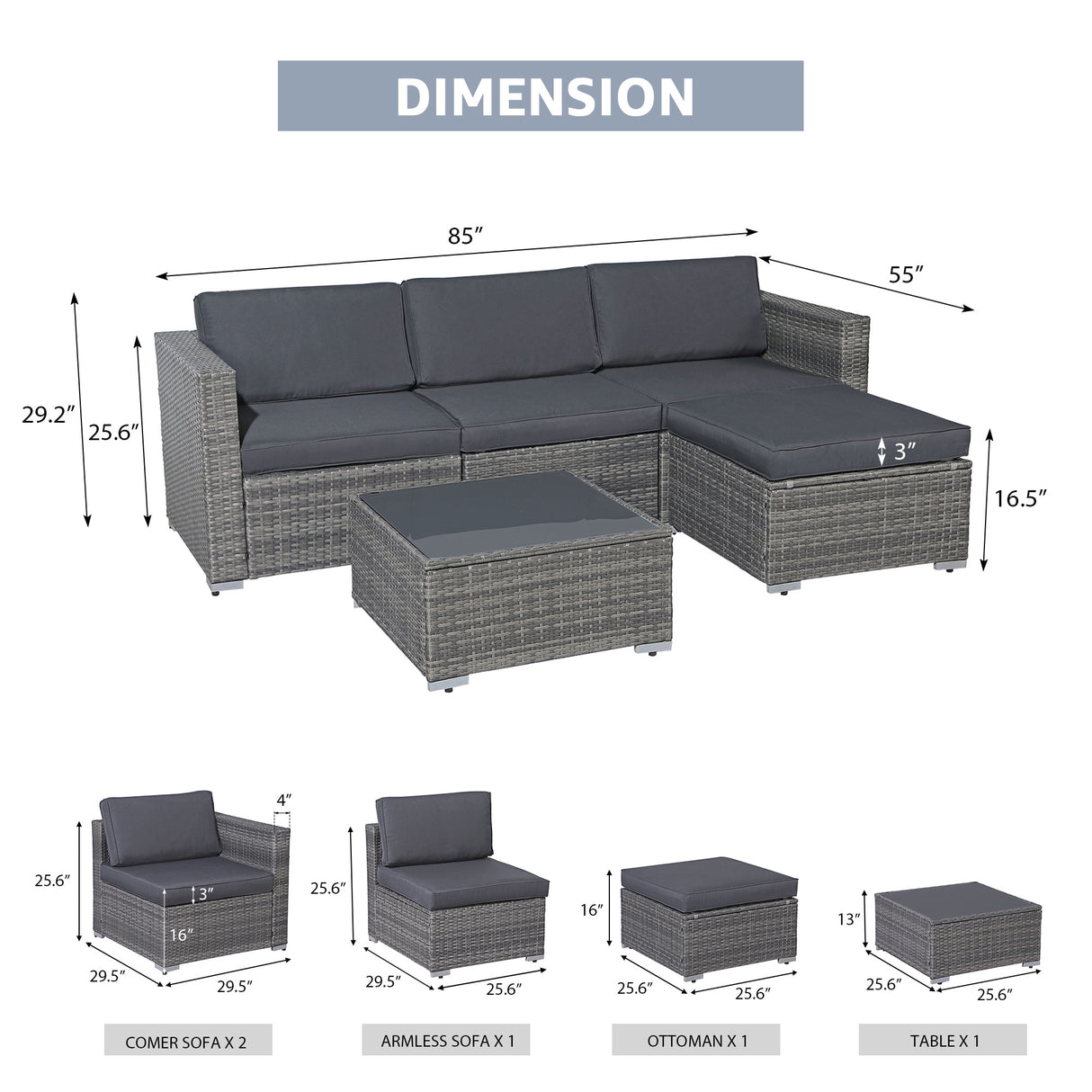 5 Piece Outdoor Patio Wicker Sectional Furniture Set