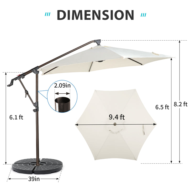 10ft Offset Patio Umbrella with Base Included, Hanging Outdoor Umbrella with Water Sand Filled Umbrella Stand Weights