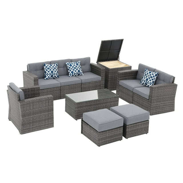 Patio Furniture Set, Outdoor Sectional Sofa Set, 10 Pieces All-Weather PE Wicker Patio Conversation Sets with Rattan Storage Box & Ottomans, Tempered Glass Coffee Table, Three Blue Pillows, Grey