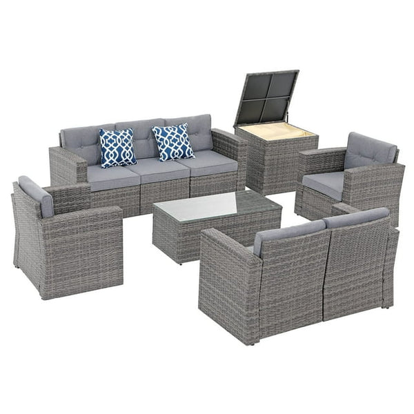 Patio Furniture Set, Outdoor Sectional Sofa Set, 9 Pieces All-Weather PE Wicker Patio Conversation Sets with Rattan Storage Box & Patio Chair, Tempered Glass Coffee Table, Three Blue Pillows, Grey