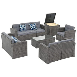 Patio Furniture Set, Outdoor Sectional Sofa Set, 9 Pieces All-Weather PE Wicker Patio Conversation Sets with Rattan Storage Box & Loveseat, Tempered Glass Coffee Table, Three Blue Pillows, Grey