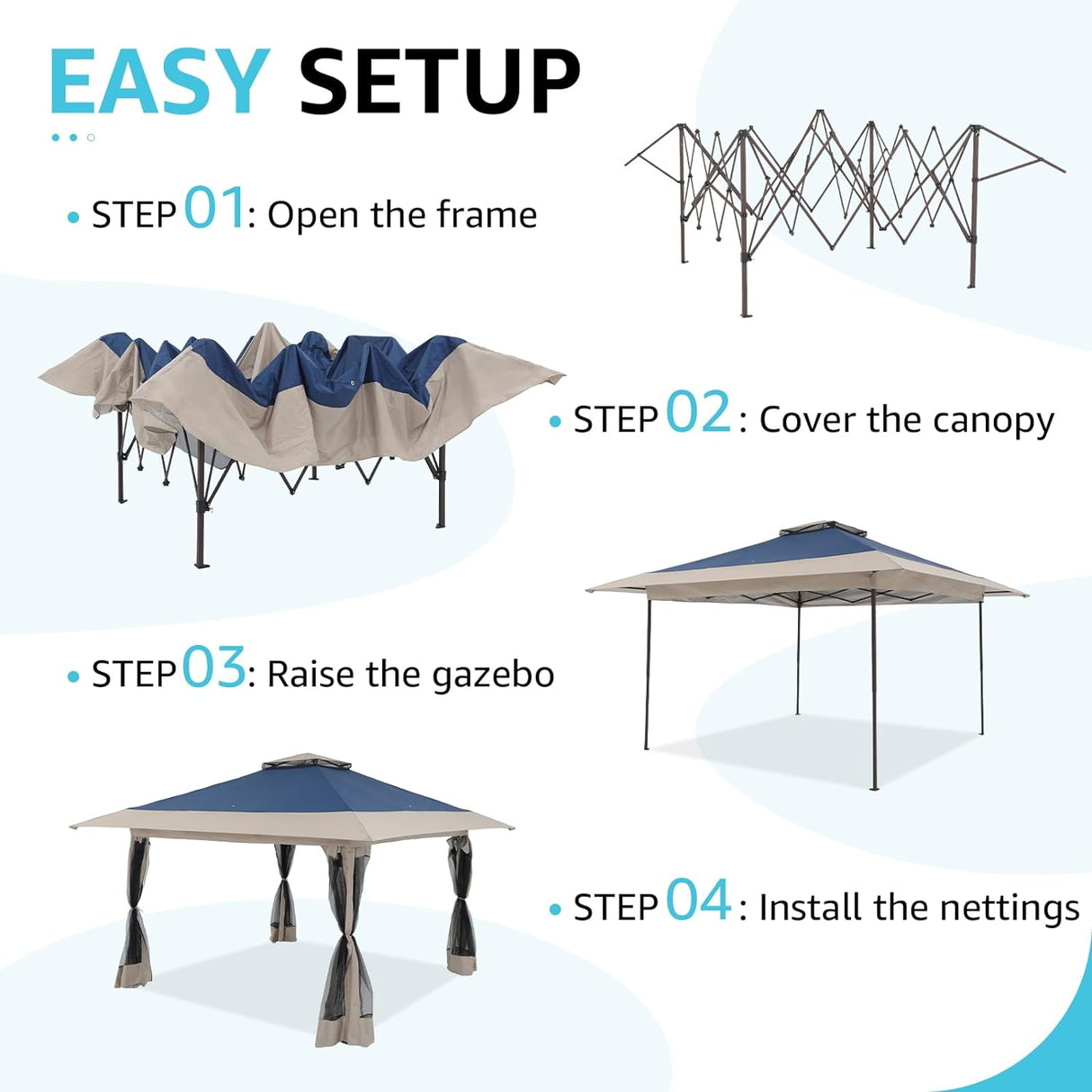 COBANA 13’x13’ Pop Up Gazebo, Outdoor Canopy Tent Shade with Metal Frame Mosquito Netting