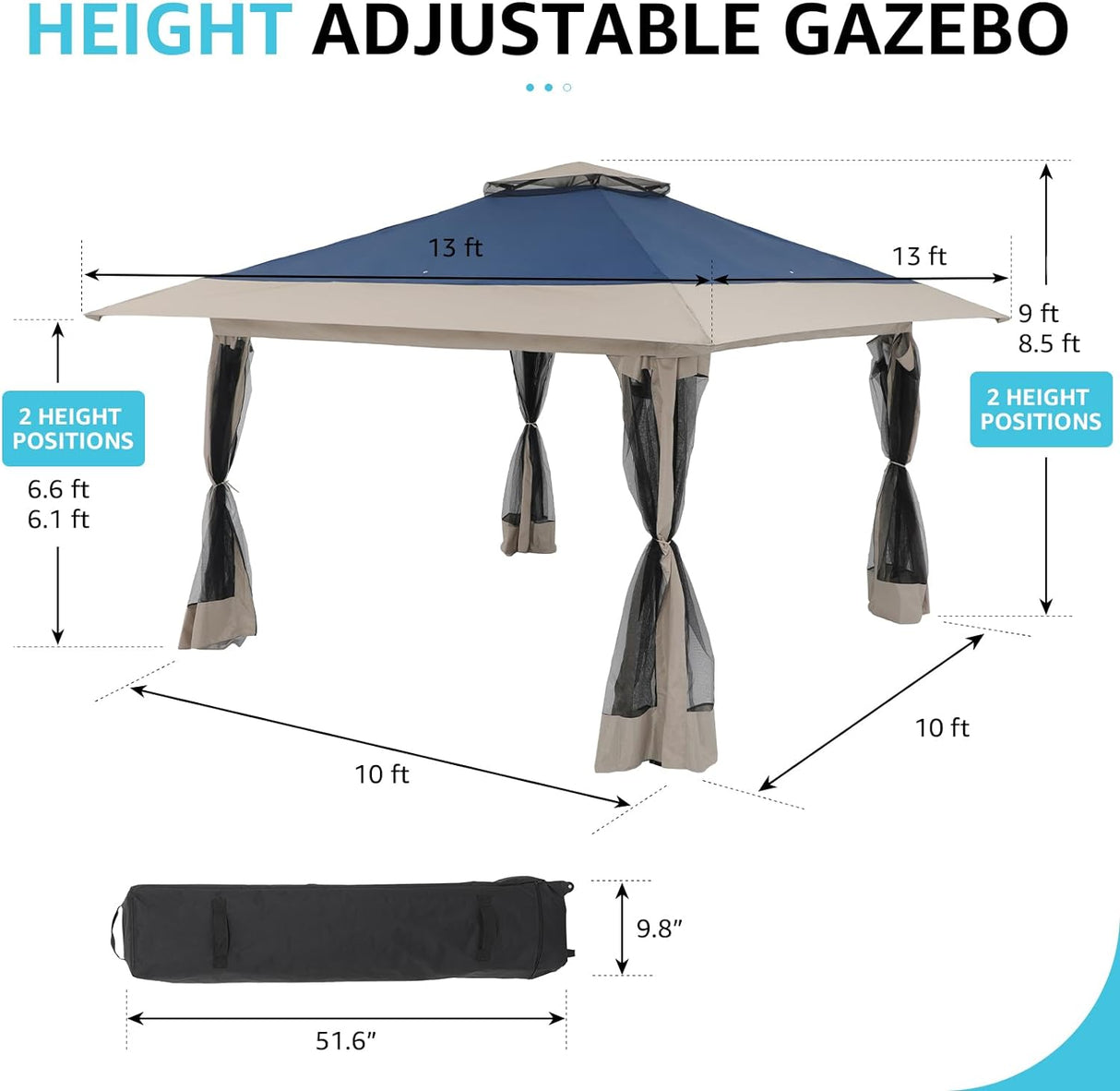 COBANA 13’x13’ Pop Up Gazebo, Outdoor Canopy Tent Shade with Metal Frame Mosquito Netting