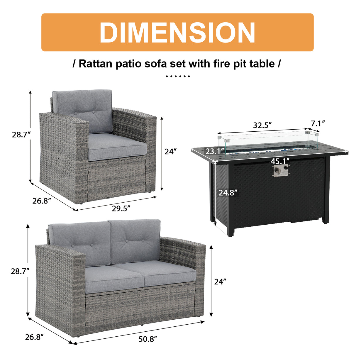 JOIVI 4 Pieces Patio Furniture with Fire Pit Table, PE Wicker Rattan Outdoor Sectional with Propane Fire Pit Table, Patio Conversation Set with ETL Certified Gas Fire Pit Table