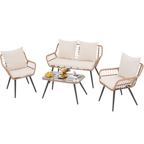 JOIVI 4 Pieces Patio Conversation Set, Outdoor Wicker furniture Set with Loveseat Chair and Table