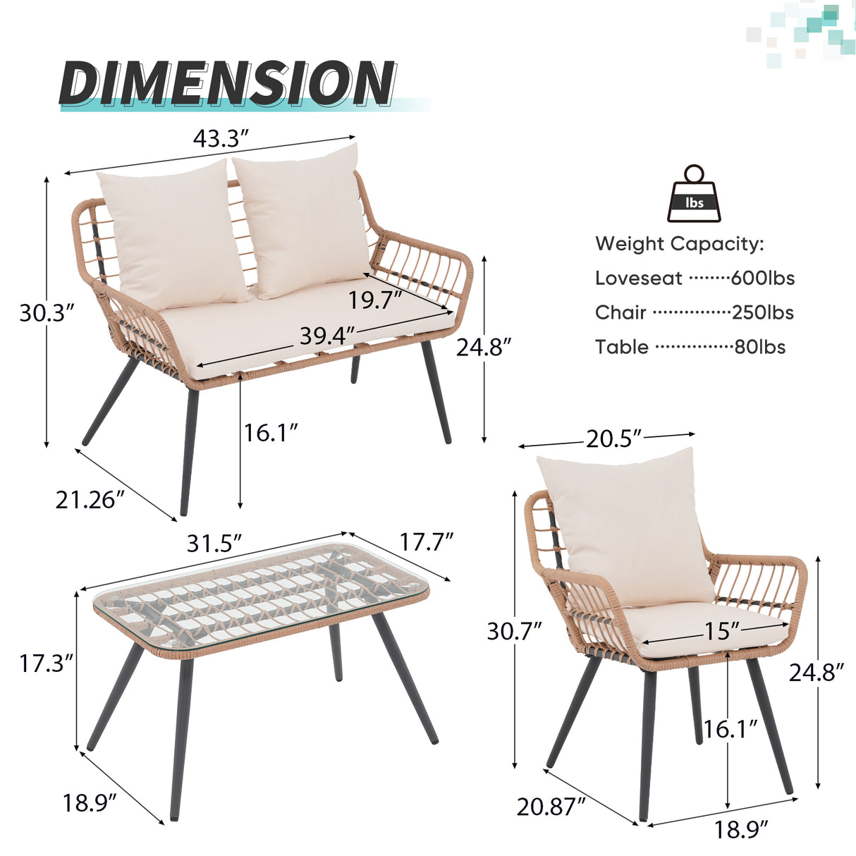 JOIVI 4 Pieces Patio Conversation Set, Outdoor Wicker furniture Set with Loveseat Chair and Table