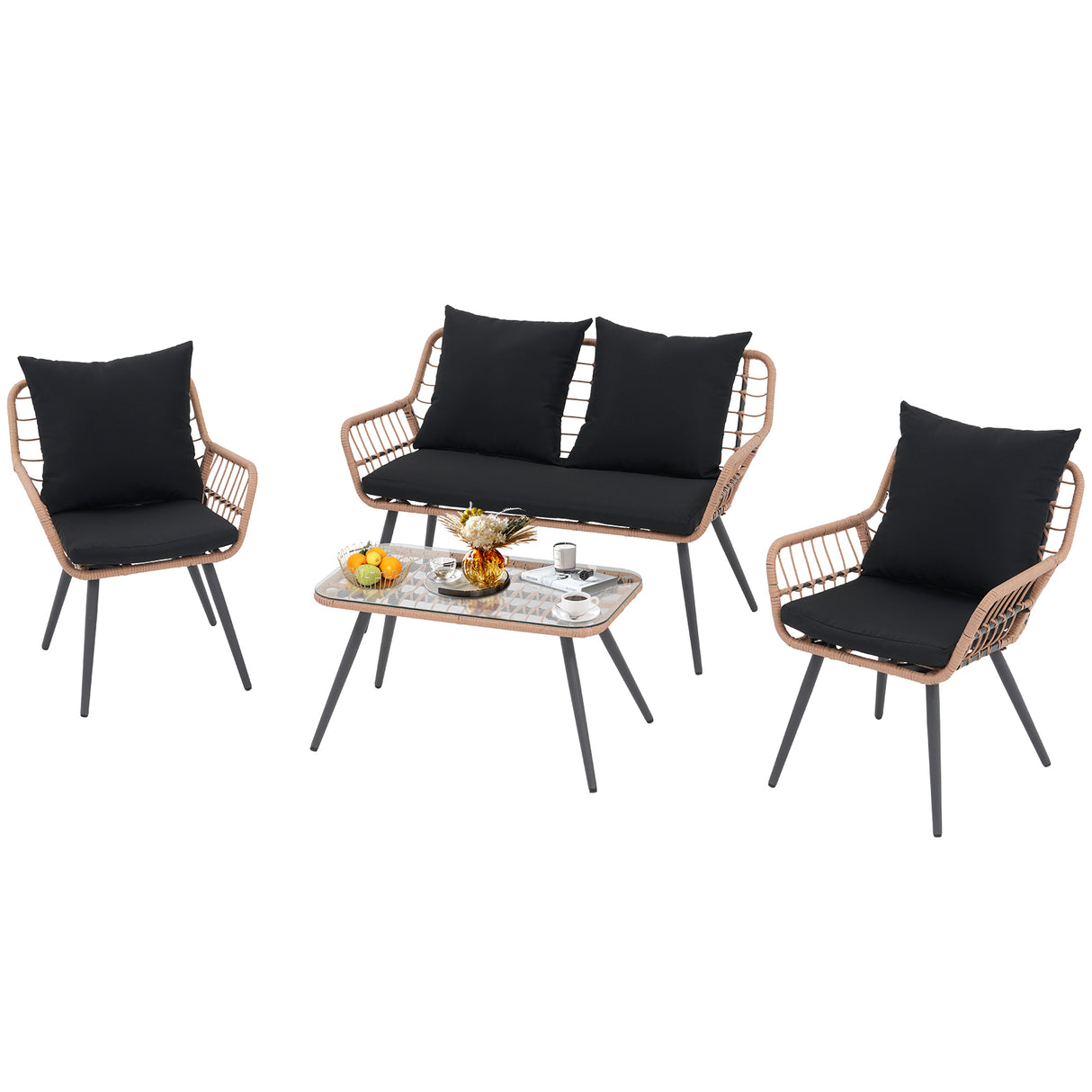 JOIVI 4 Pieces Patio Conversation Set, Outdoor Wicker furniture Set with Loveseat Chair and Table