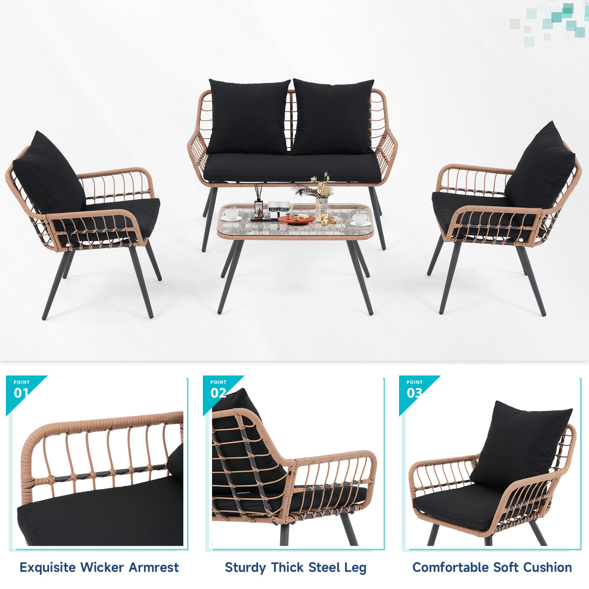 JOIVI 4 Pieces Patio Conversation Set, Outdoor Wicker furniture Set with Loveseat Chair and Table