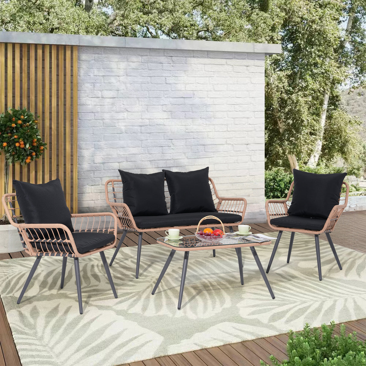 JOIVI 4 Pieces Patio Conversation Set, Outdoor Wicker furniture Set with Loveseat Chair and Table